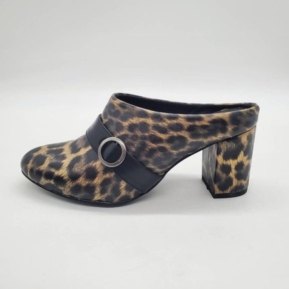 Midnight Velvet‎ Womens Mules Black Leopard Print Block Heels Slip On 7 NEW - Picture 1 of 9